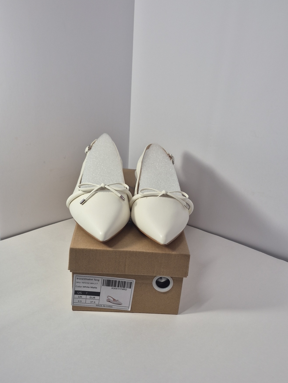 Pointed Slingback Flats with Bow Accent in White